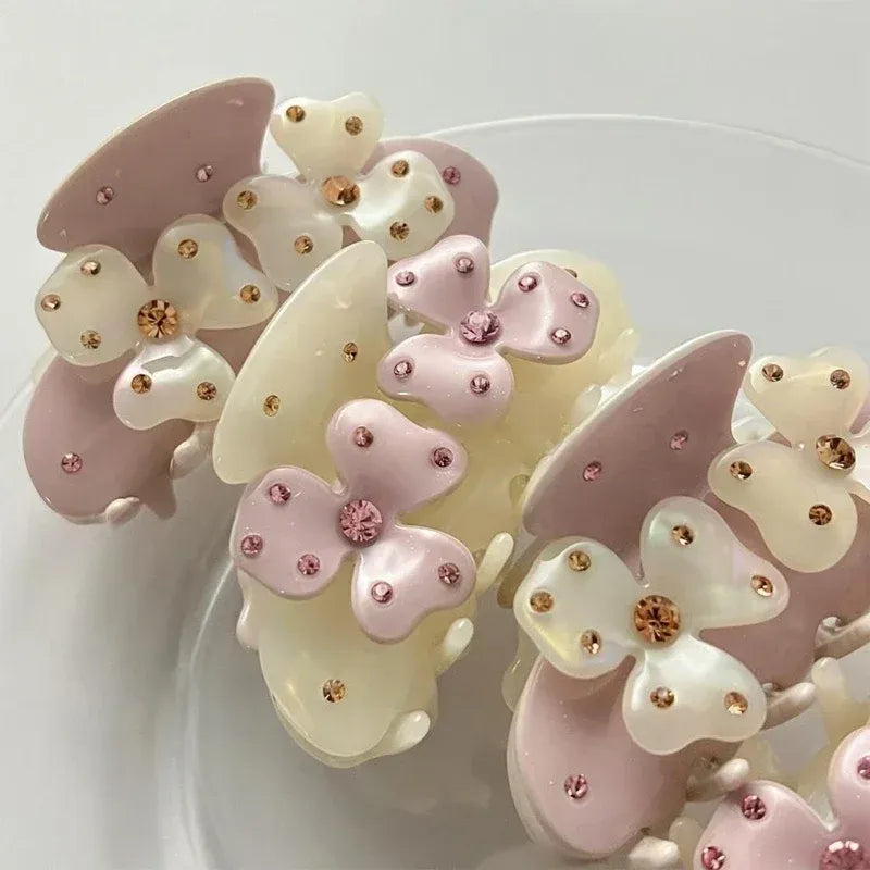 Muweordy New Sweet Flower Hair Claw Rhinestones Acetate Claw Clip Cream Color Crab Hair Clips Hair Accessories for Woman Girls