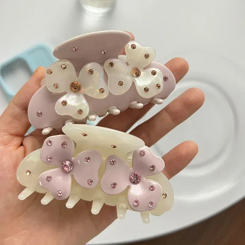 Muweordy New Sweet Flower Hair Claw Rhinestones Acetate Claw Clip Cream Color Crab Hair Clips Hair Accessories for Woman Girls
