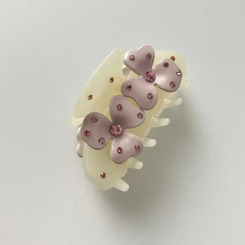 Muweordy New Sweet Flower Hair Claw Rhinestones Acetate Claw Clip Cream Color Crab Hair Clips Hair Accessories for Woman Girls