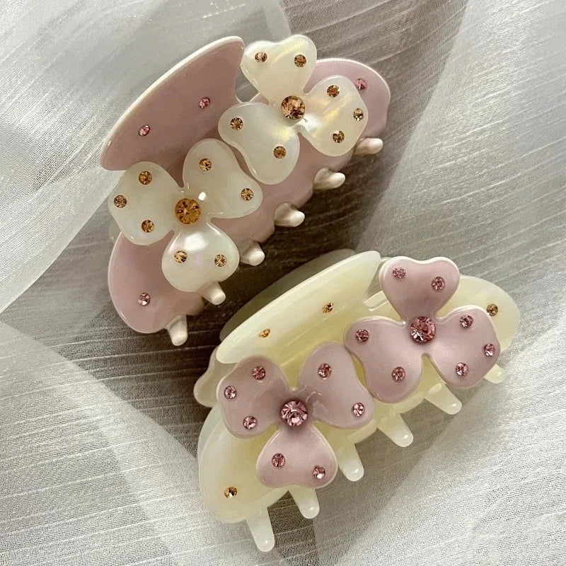 Muweordy New Sweet Flower Hair Claw Rhinestones Acetate Claw Clip Cream Color Crab Hair Clips Hair Accessories for Woman Girls